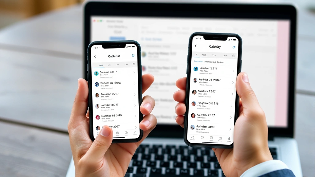 Person's hands holding iPhone and laptop side-by-side showing synchronized calendar events, natural lighting, both devices displaying matching appointments