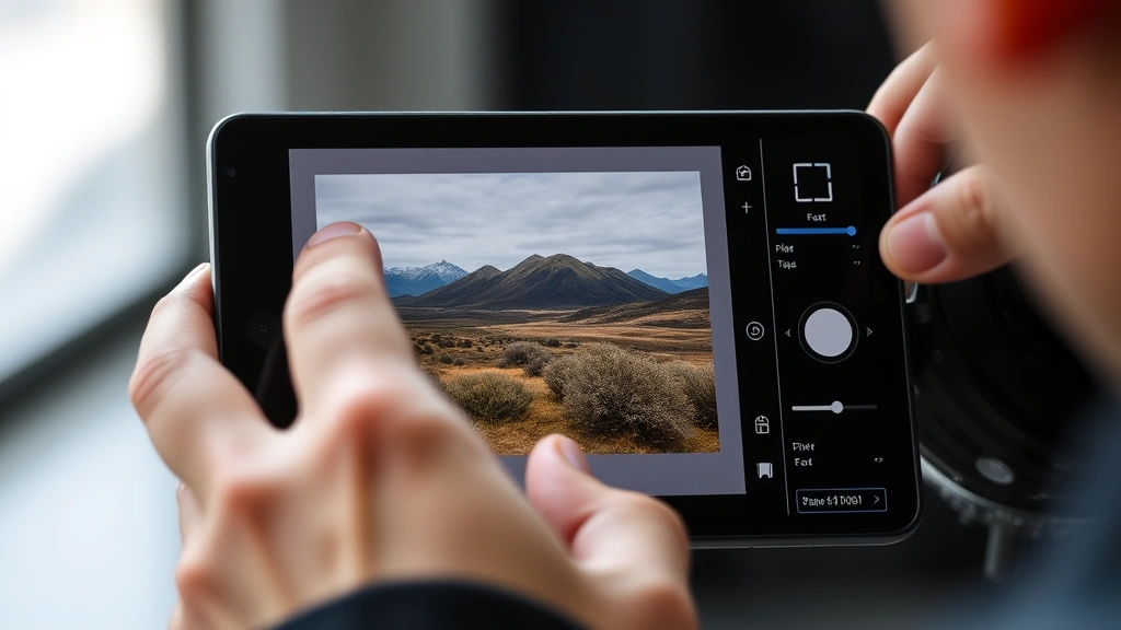 Photographer's hand using touchscreen on tablet running Lightroom mobile app, applying preset filter to landscape photo, modern photography workflow demonstration