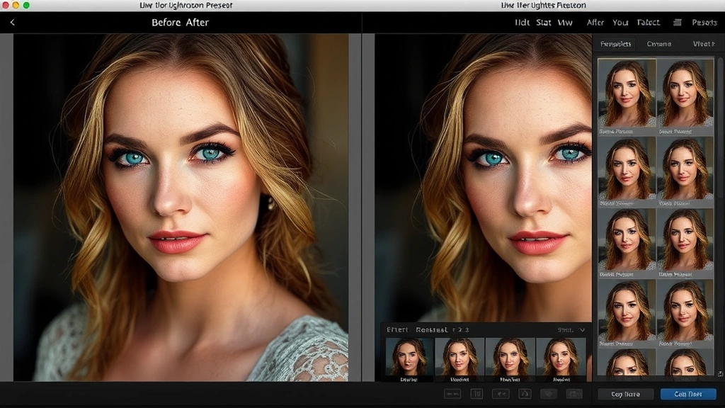 Split-screen comparison showing before and after photo editing in Lightroom with multiple preset thumbnails displayed in sidebar, demonstrating preset effects on professional portrait