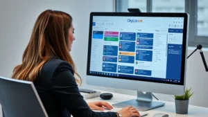 Professional woman at desk with computer monitor displaying Outlook calendar interface showing multiple color-coded calendar events and reminder notifications popping up on screen