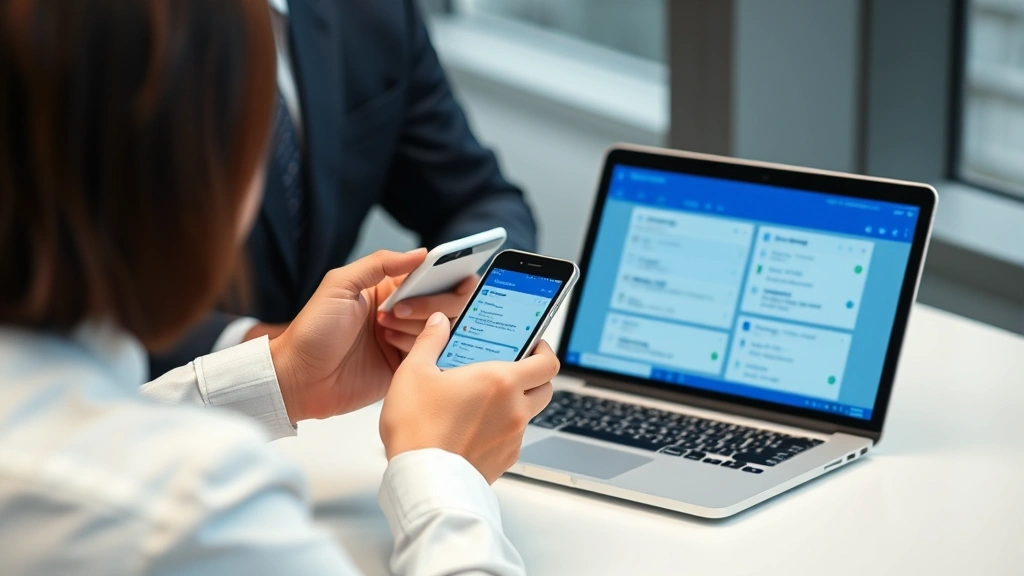 Business professional looking at smartphone and laptop simultaneously, both screens showing synchronized Outlook reminders and calendar notifications in real-time