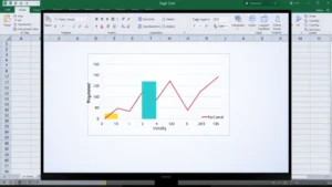 A professional Excel spreadsheet with an open chart showing two different colored data series plotted on a single chart with visible axis labels on both left and right sides, with a secondary axis clearly distinguishable, realistic computer monitor display