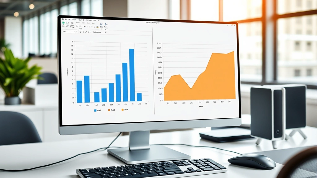 Professional Excel spreadsheet on computer monitor showing dual-axis column chart with blue columns on left side and orange line graph on right side, modern office desk setting with keyboard and mouse visible
