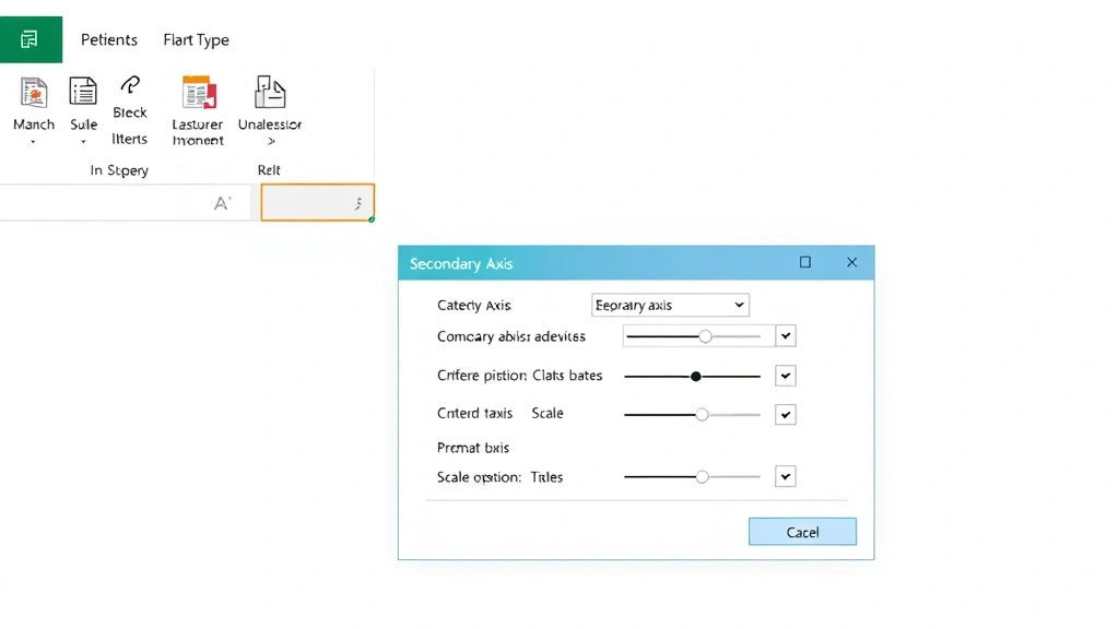 Close-up of Excel Chart Design ribbon menu with Chart Type button highlighted, secondary axis formatting dialog box open showing axis options and scale settings, clean white background