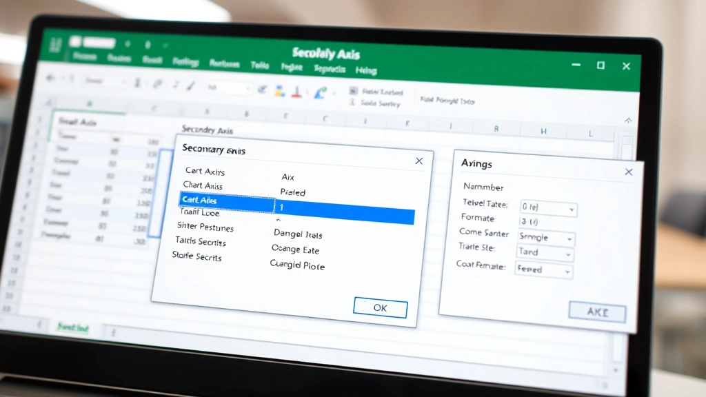 Close-up of Excel chart editing interface displaying secondary axis formatting options, dialog boxes open showing axis properties and number formatting selections, computer screen in bright office lighting