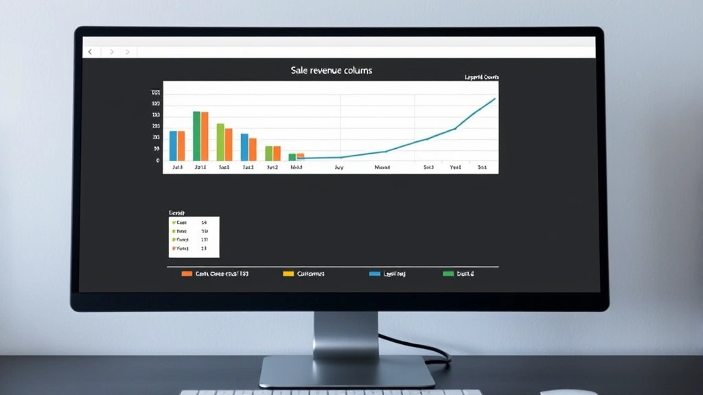 A completed dual-axis Excel chart displayed on a computer screen showing sales revenue as columns on the left axis and customer count as a line on the right axis, with different colored axis labels and a legend below, professional business dashboard appearance