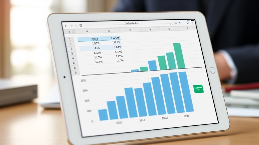 Completed dual-axis Excel chart displayed on tablet device showing financial data comparison, professional color scheme with blue and green data series, gridlines visible, legend clearly positioned, business office environment