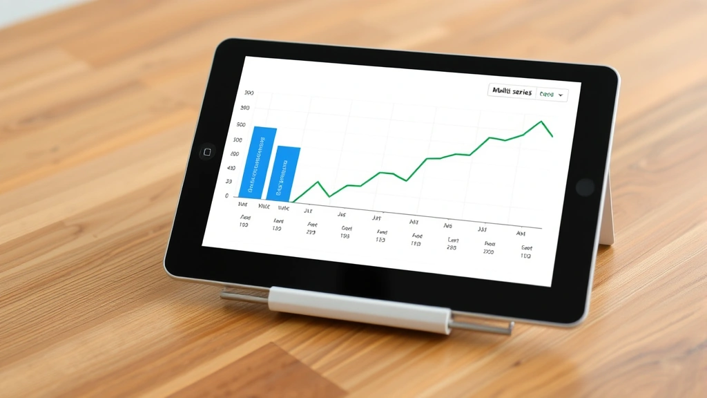 Multi-series Excel chart example showing revenue bars in blue on primary left axis and customer count line in green on secondary right axis, chart displayed on tablet device held at angle on wooden table