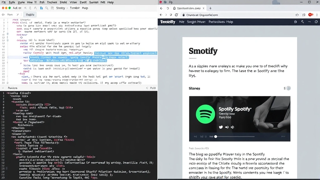Split-screen view showing Tumblr blog editor on left side with HTML code visible and the resulting blog post with embedded Spotify player on right side, showing the final rendered appearance