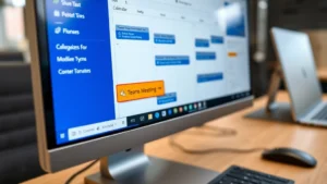 Close-up of a computer monitor displaying Outlook calendar interface with Teams Meeting button highlighted in ribbon menu, modern office desk setting with keyboard and mouse visible