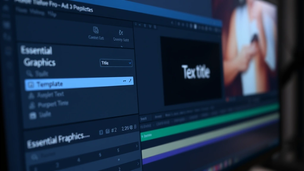 Close-up of a computer monitor displaying Adobe Premiere Pro interface with the Essential Graphics panel open, showing text formatting options and a title template in the workspace, professional studio lighting