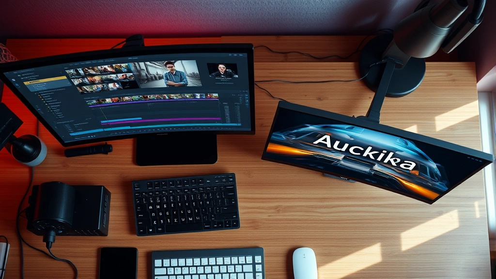 Overhead shot of a video editor's desk with dual monitors, one showing Premiere Pro timeline with text layers, other displaying the video preview with animated text overlay in progress, modern creative workspace