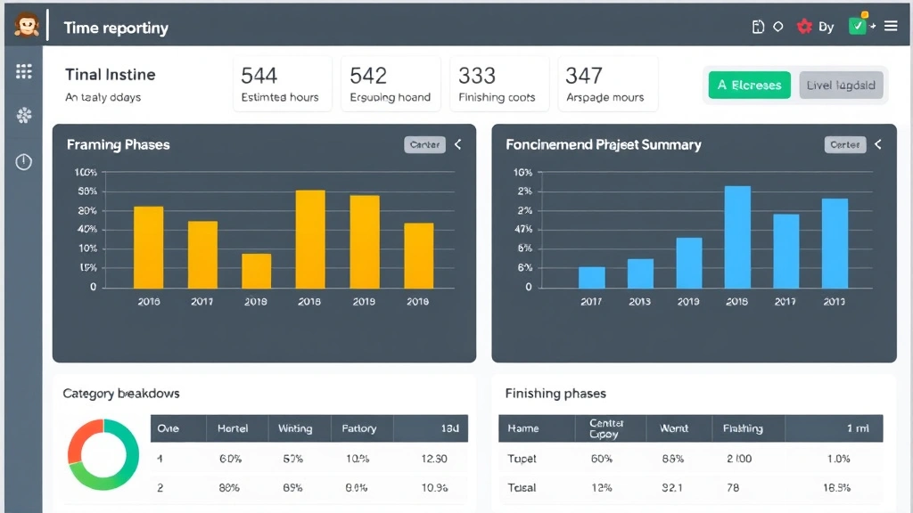 Detailed view of Monkey App's time reporting dashboard with bar charts comparing estimated versus actual hours, category breakdowns for framing and finishing phases, construction project summary metrics