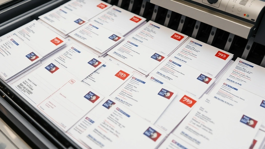 Flat lay of multiple postcards being sorted at postal facility, showing various addressed postcards with correct formatting and postal machine processing