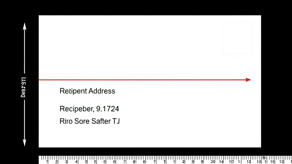 Detailed view of postcard address side with ruler showing proper margins and placement measurements for recipient address and return address areas