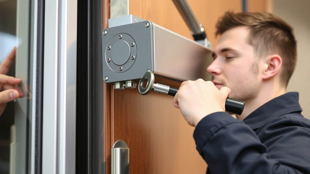 Professional technician adjusting hydraulic door closer valve with hex wrench on commercial entrance door, close-up of adjustment screw and closer body mechanism