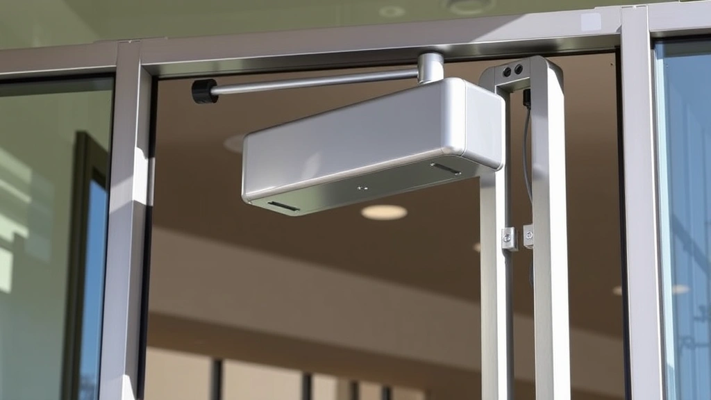 Door closer mounted on commercial office building entrance, showing full assembly including arm, hydraulic body, and frame attachment points in daylight