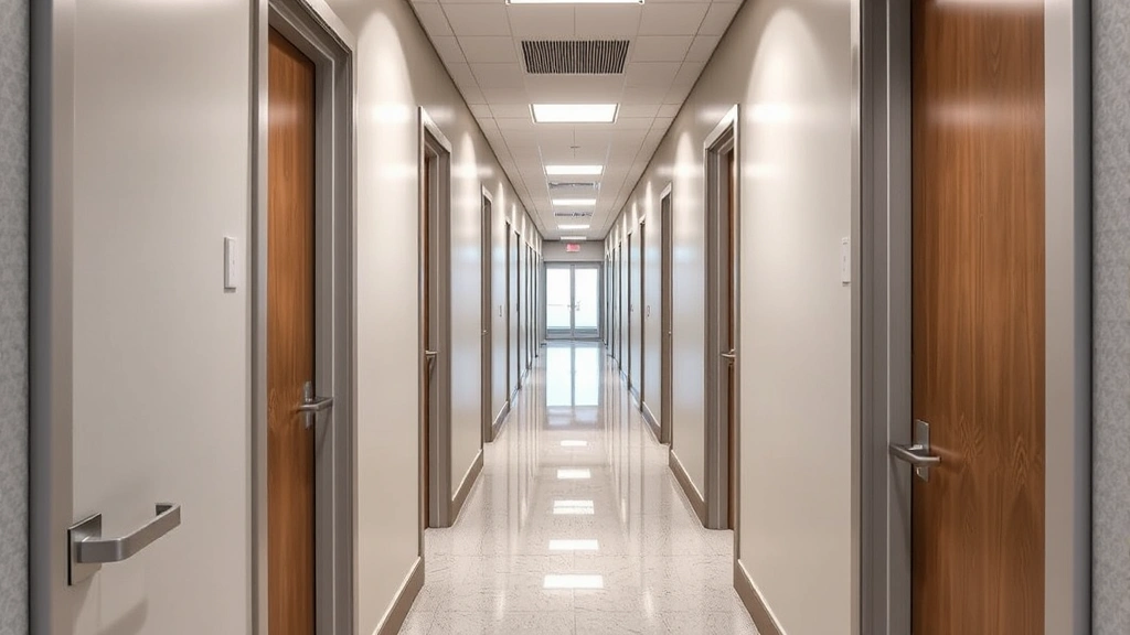 Interior hallway with multiple doors equipped with closers, demonstrating proper installation and adjustment in professional building environment
