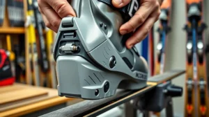 Close-up of ski binding toe piece with adjustment screws and forward pressure mechanism visible, technician's hands positioning alpine ski boot into binding, professional workshop setting with vise-mounted skis