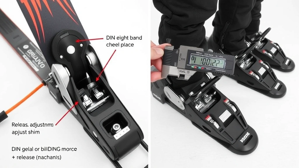 Ski binding heel piece assembly showing heel height adjustment shims and release mechanism, DIN gauge tool measuring binding release force during testing, multiple binding models displayed for comparison