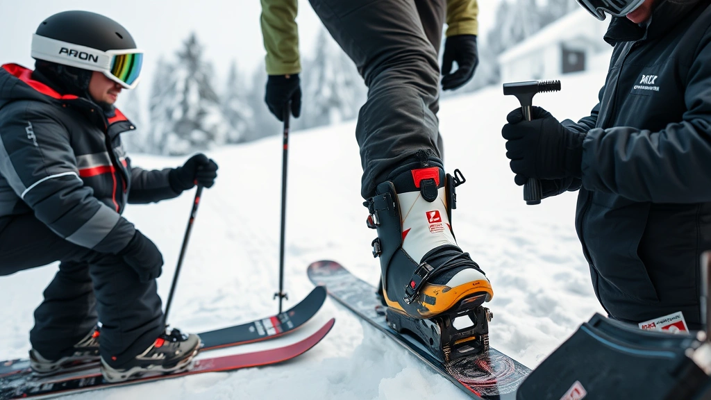 Skier in full winter gear testing bindings on snowy slope, binding release demonstration with boot heel separating from heel piece, professional ski technician using binding press tool in shop environment