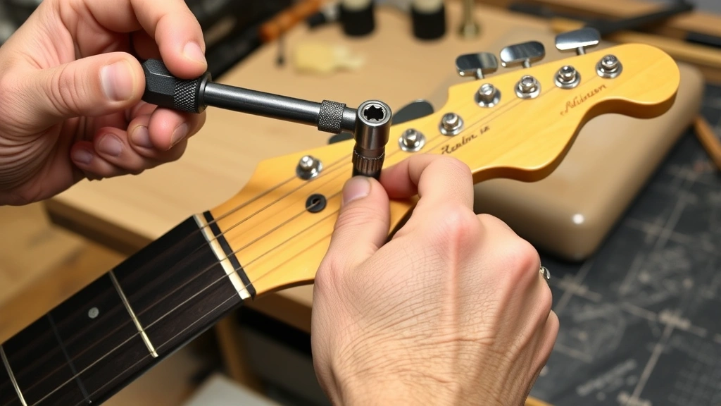 Hands holding hex key wrench adjusting truss rod nut at headstock of electric guitar, showing proper tool positioning and hand grip technique, workbench with padded neck rest in background