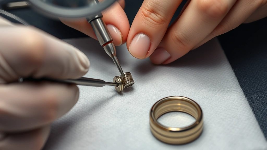 Close-up professional watchmaker's hands removing metal bracelet link using specialized spring bar tool on soft microfiber work mat, magnifying glass visible, precision jewelry repair setup