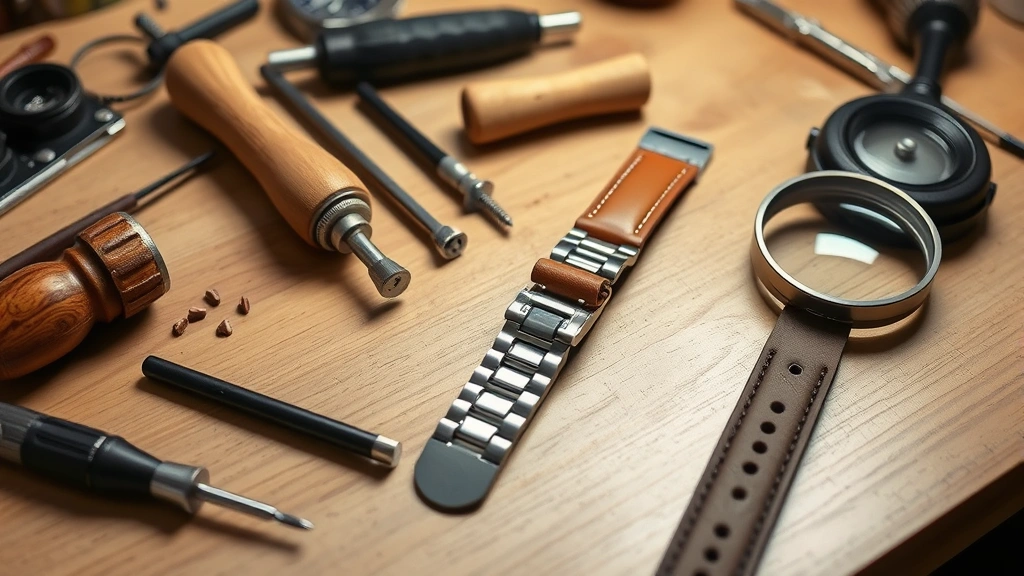 Jeweler's workbench with various watch strap adjustment tools including link pin remover, jeweler's screwdrivers, leather hole punch, rubber mallet, and magnifying loupe arranged neatly
