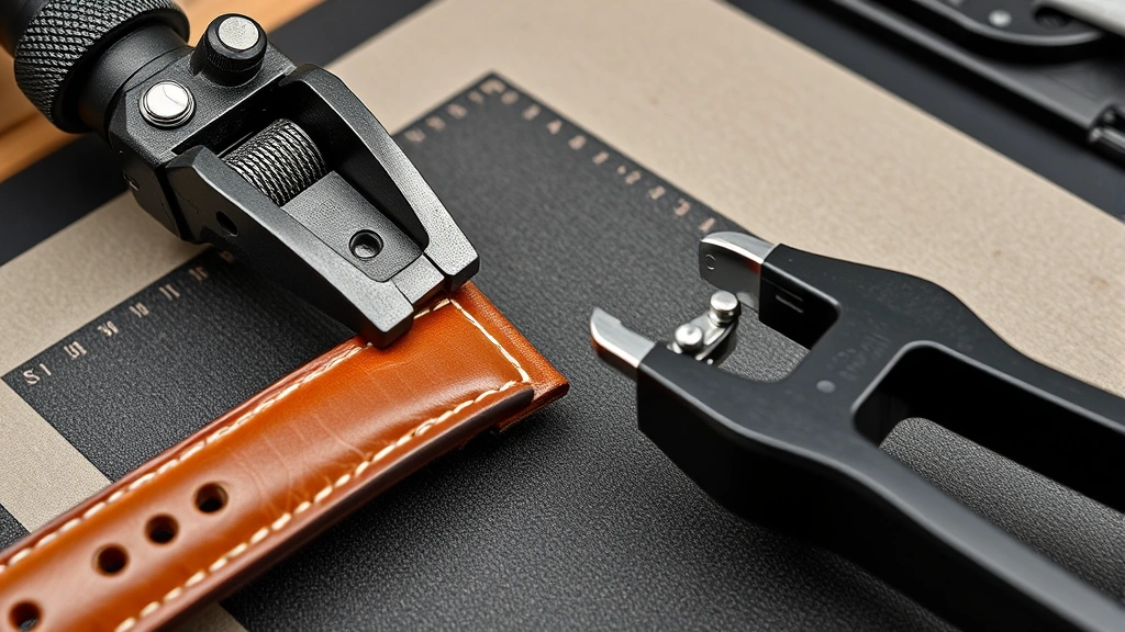 Leather watch strap being adjusted with hole punch tool, showing correct hole spacing and professional punch technique on work surface with protective mat