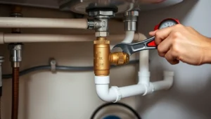 Professional plumber adjusting brass pressure regulator valve on main water supply line under sink, wrench in hand, pressure gauge visible nearby, basement utility area background