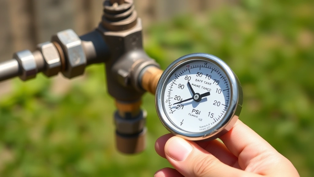 Close-up of water pressure gauge attached to outdoor faucet spigot showing PSI reading, hand holding gauge, clear dial display, daylight outdoor setting