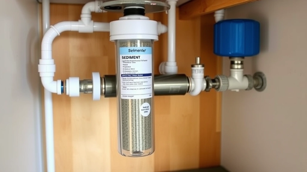 Interior view of whole-house water filtration system with sediment filter cartridge installed on main supply line, multiple connection points visible, utility room setting