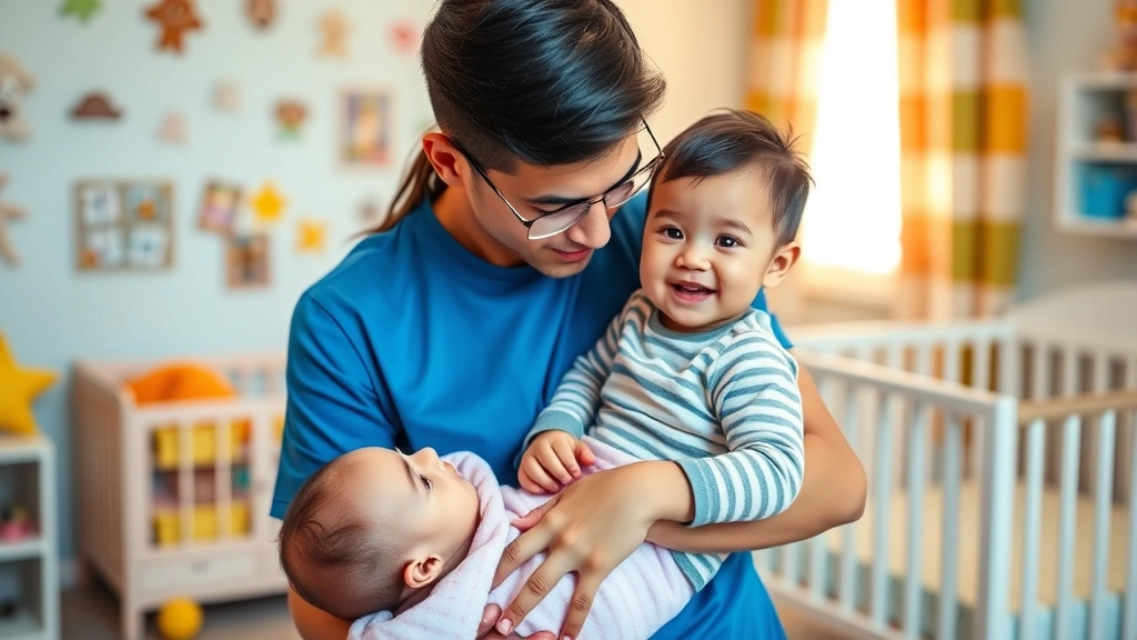 Young caregiver holding smiling infant Sim in colorful nursery room with toys and crib visible in background, warm household lighting