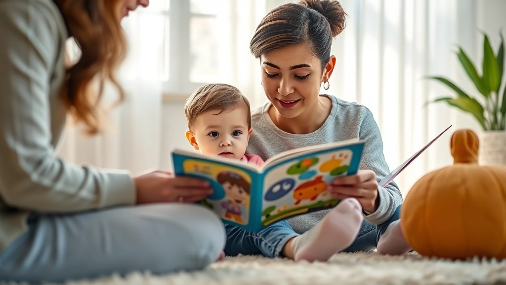 Close-up of Sim caregiver reading colorful children's book to attentive infant on soft rug, bright window light streaming in