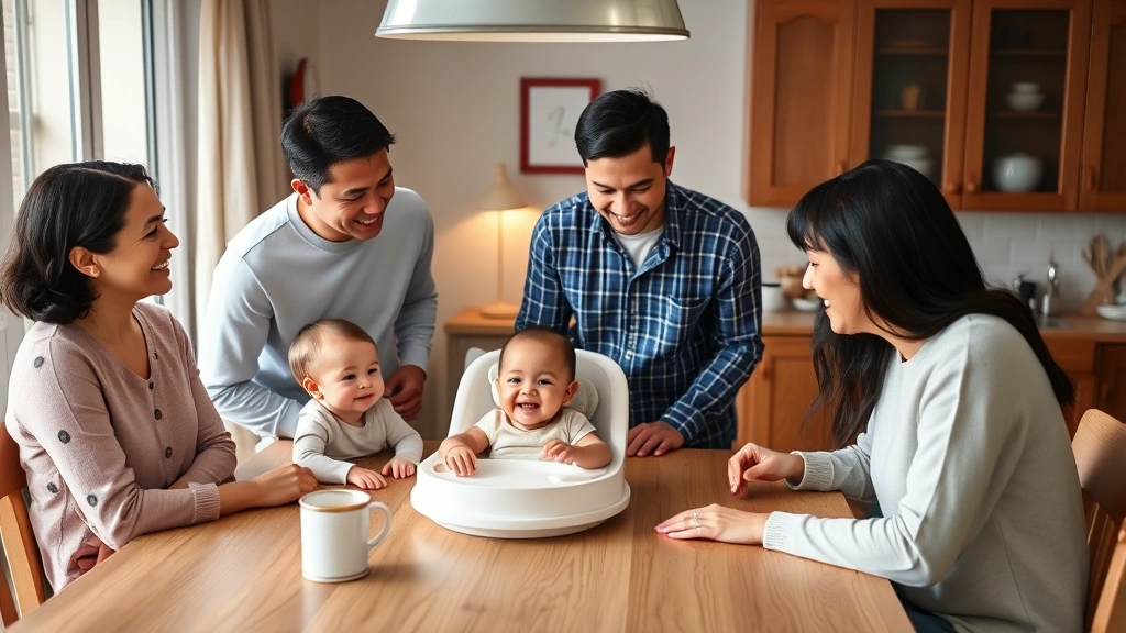 Multi-generational Sim household gathered around dining table with toddler in high chair, family members smiling and interacting warmly