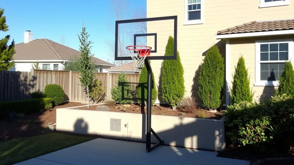 Professional basketball hoop installed in sunny residential backyard with concrete foundation, surrounding landscaping visible, clear day with shadows cast on ground