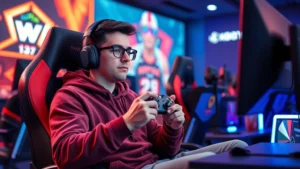 Professional esports player sitting in gaming chair holding Xbox controller during competitive basketball video game match, focused expression, modern gaming setup with RGB lighting visible in background