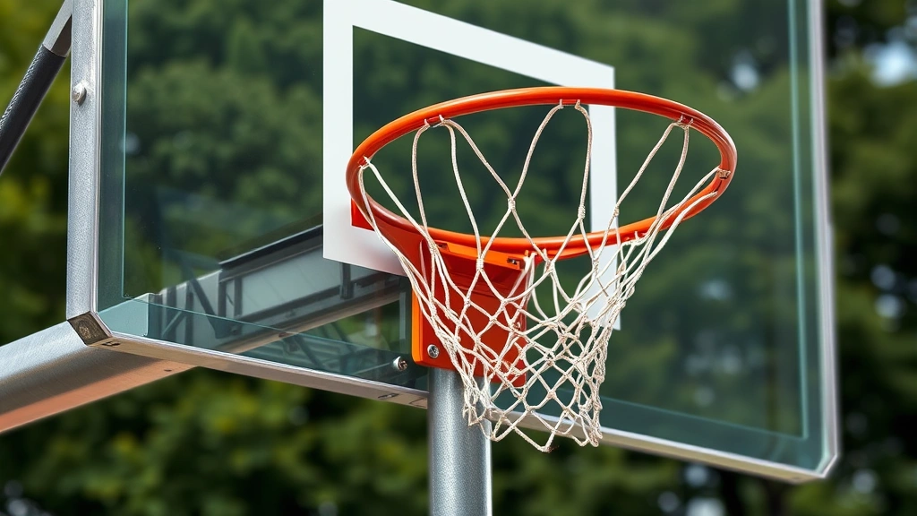 Close-up of tempered glass backboard mounted on galvanized steel pole, showing rim attachment hardware and net, detailed view of structural connections