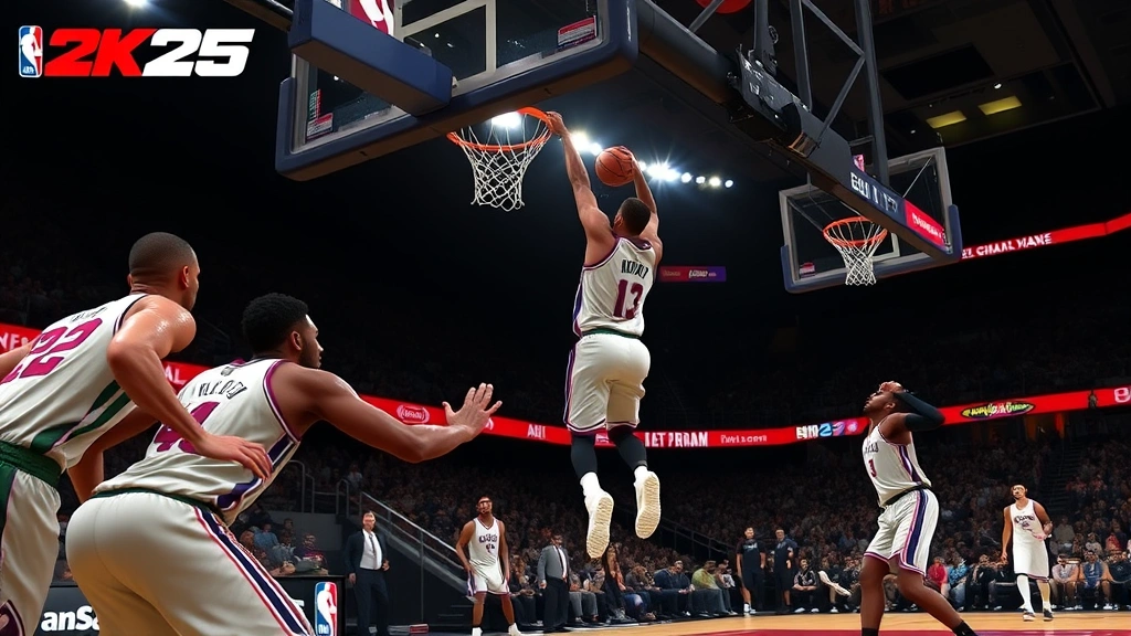 Split-screen showing NBA 2K25 game footage with point guard making behind-the-back pass to center player cutting toward basket for alley-oop dunk, defensive players nearby