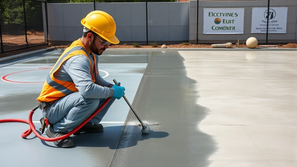 Worker applying protective sealant to concrete basketball court foundation, showing maintenance process with proper safety equipment and application techniques
