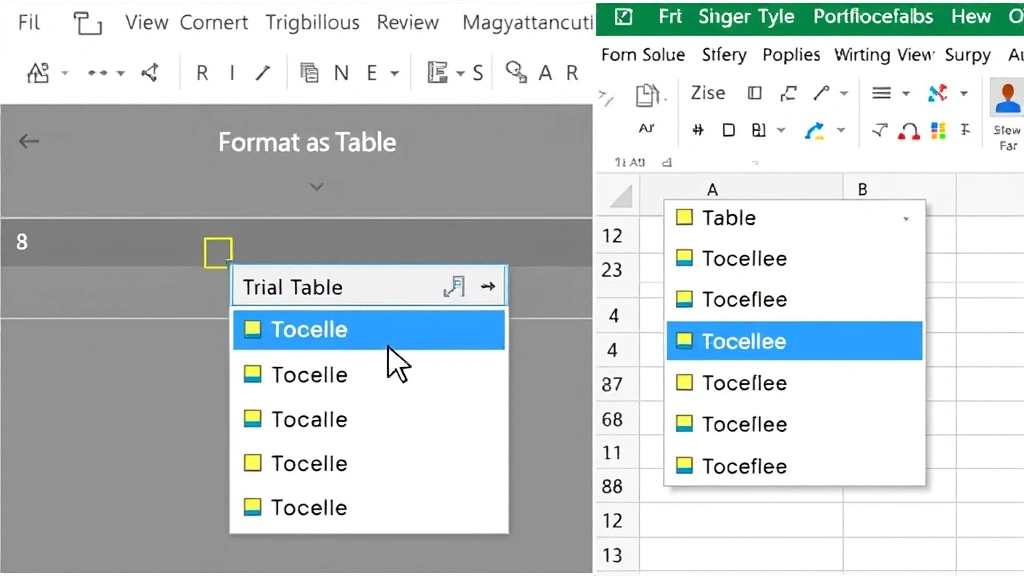Split-screen showing Excel ribbon menu with Format as Table button highlighted, dropdown menu displaying various table style options with different color combinations, cursor hovering over selection