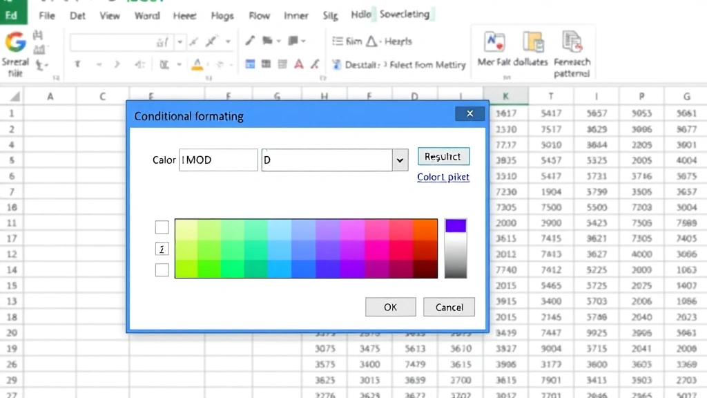 Detailed view of conditional formatting dialog box in Excel with formula field visible showing MOD function, color picker interface open, sample spreadsheet in background showing resulting alternating row pattern