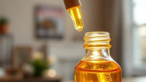 Close-up of clear glass bottle containing golden frankincense essential oil with wooden dropper, sunlight streaming through amber liquid, blurred home interior background