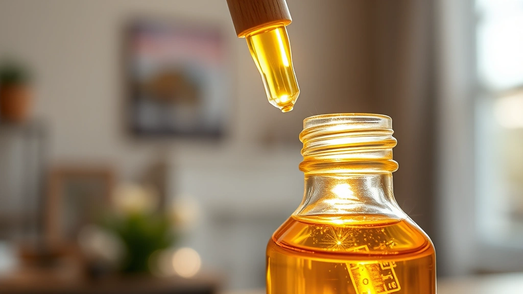 Close-up of clear glass bottle containing golden frankincense essential oil with wooden dropper, sunlight streaming through amber liquid, blurred home interior background