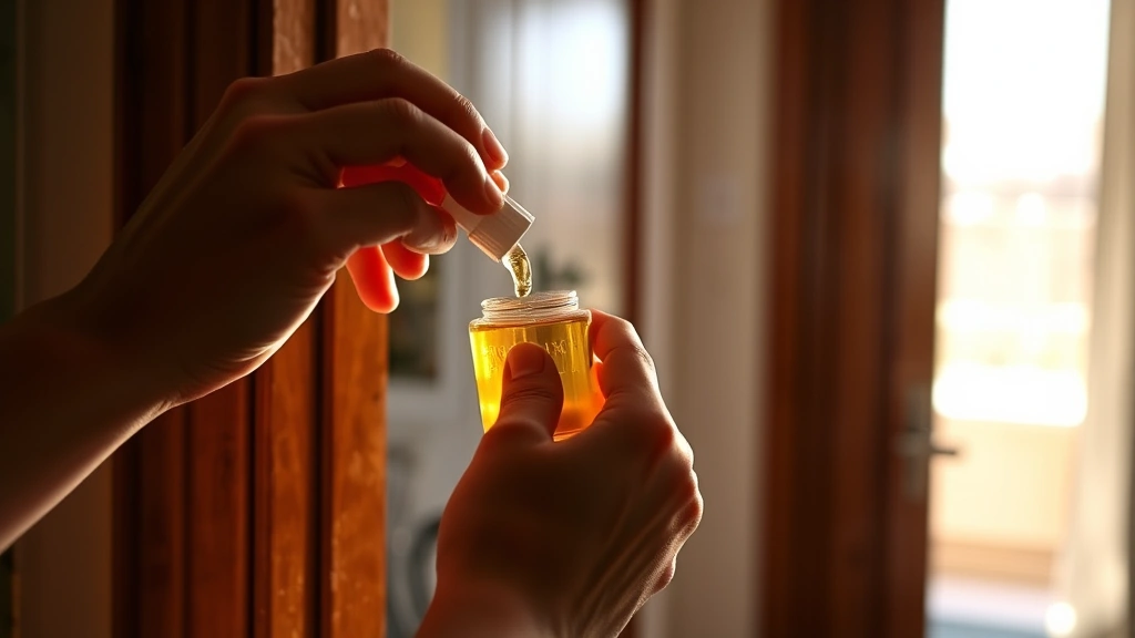 Hands applying oil to wooden door frame with focused intention, warm natural light illuminating fingers and doorway, peaceful home interior visible
