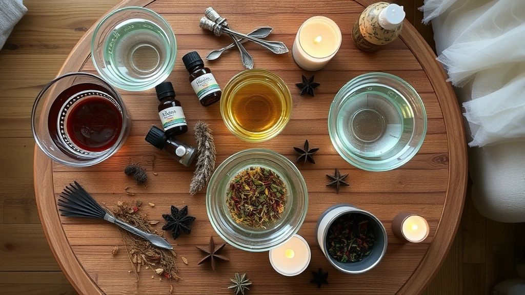 Overhead view of organized anointing ceremony materials including oils, water in glass bowls, dried herbs, and candles arranged on wooden surface in home setting