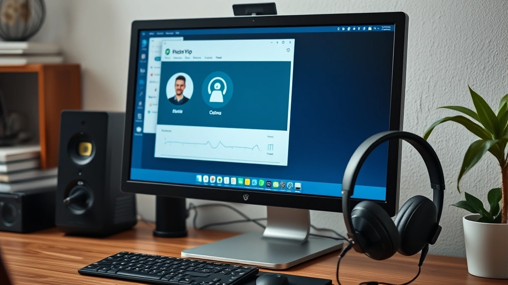 Computer monitor displaying VoIP application interface on desk with headphones nearby, showing secure communication software setup in home office