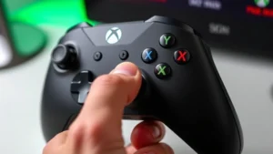 Close-up of Xbox Series X controller with Xbox button highlighted, hand pressing button, modern gaming setup background with console visible