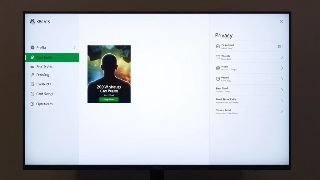 Split-screen showing Xbox Series X dashboard menu on left with profile card visible, privacy settings screen on right, clean modern interface