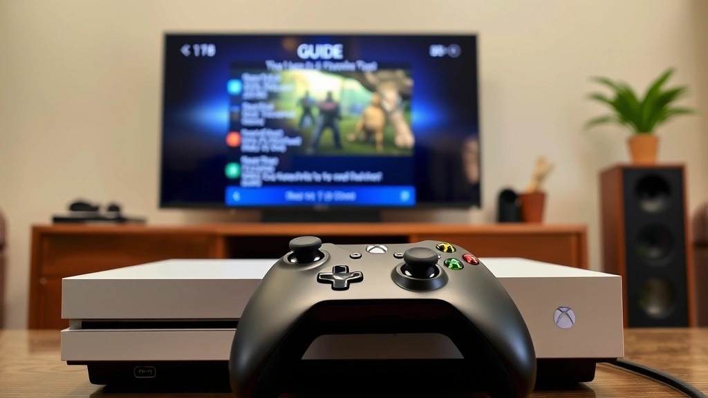 Xbox One console with controller in foreground, guide menu displayed on TV screen in background, living room gaming setup environment